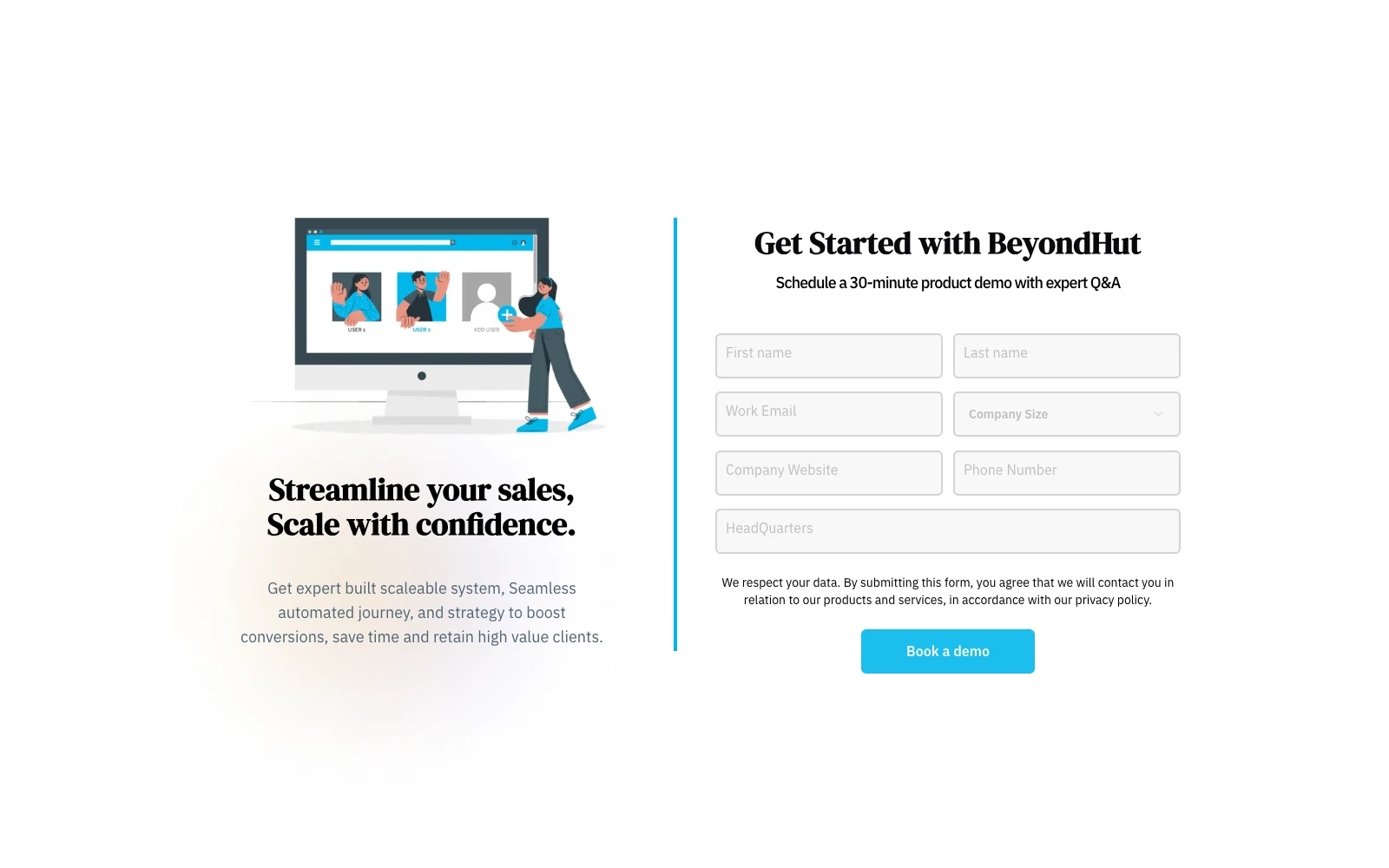 The Beyond Hut Get started page: Streamline your sales, Scale with confidence.