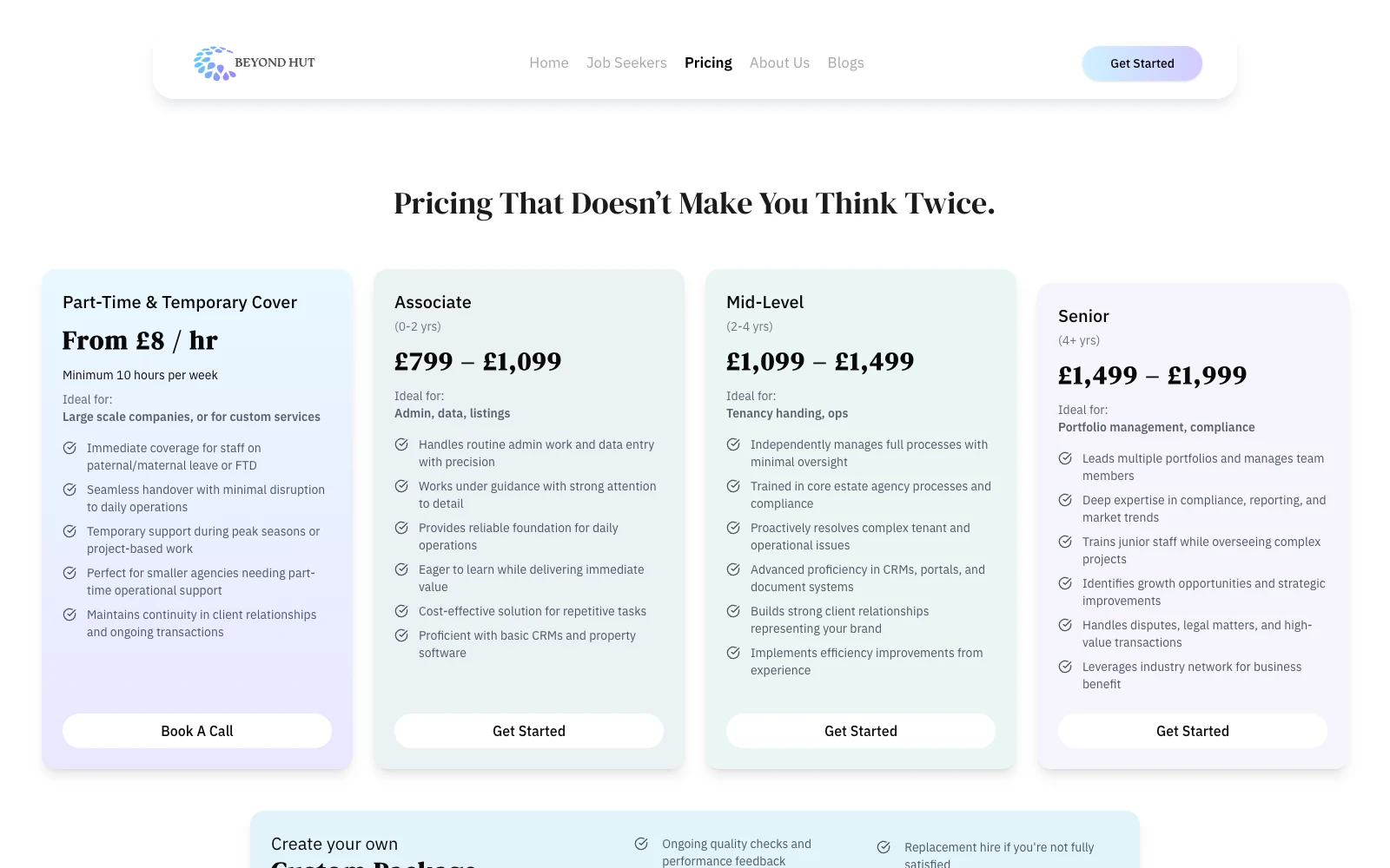 The Beyond Hut pricing page.