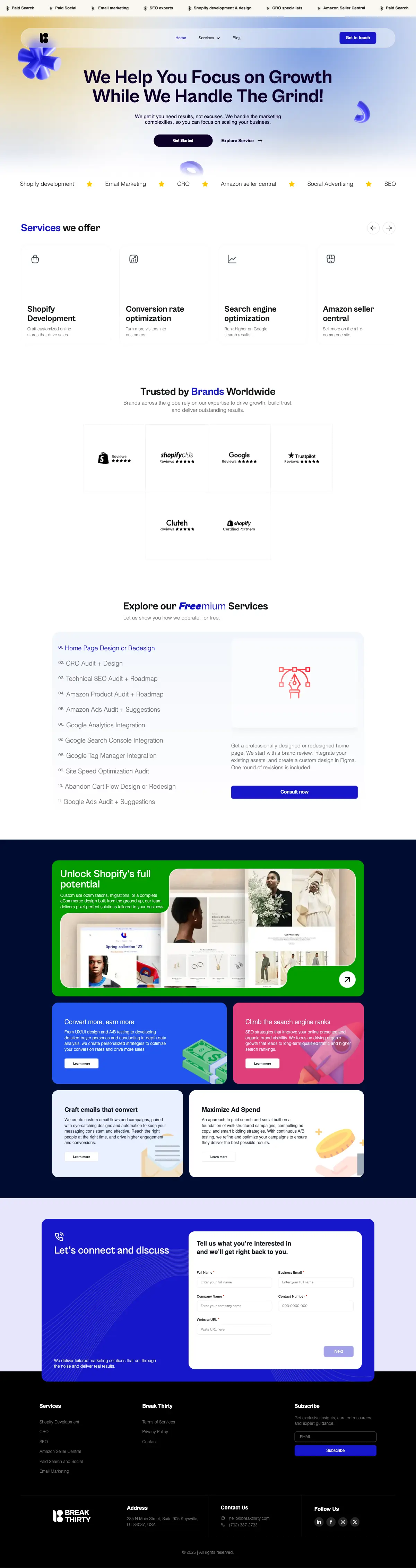 The full Breakthirty homepage, from the hero to the contact form.