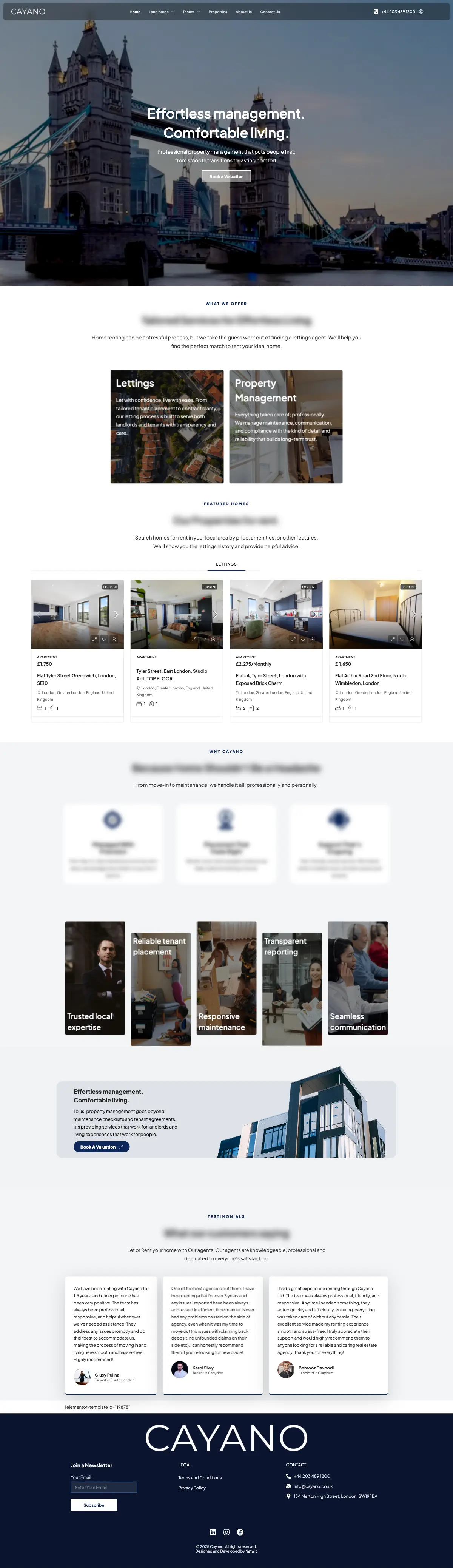 The full Cayano homepage, from the hero to customer reviews.