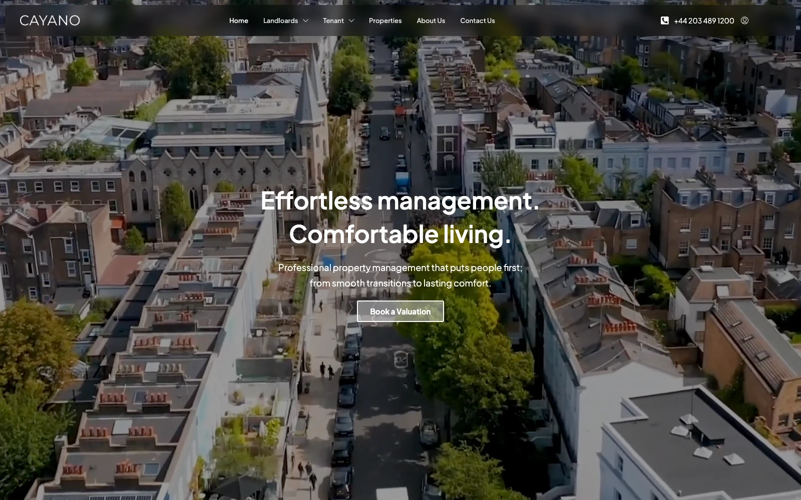 The Cayano homepage: Effortless management. Comfortable living., over an aerial view of London.