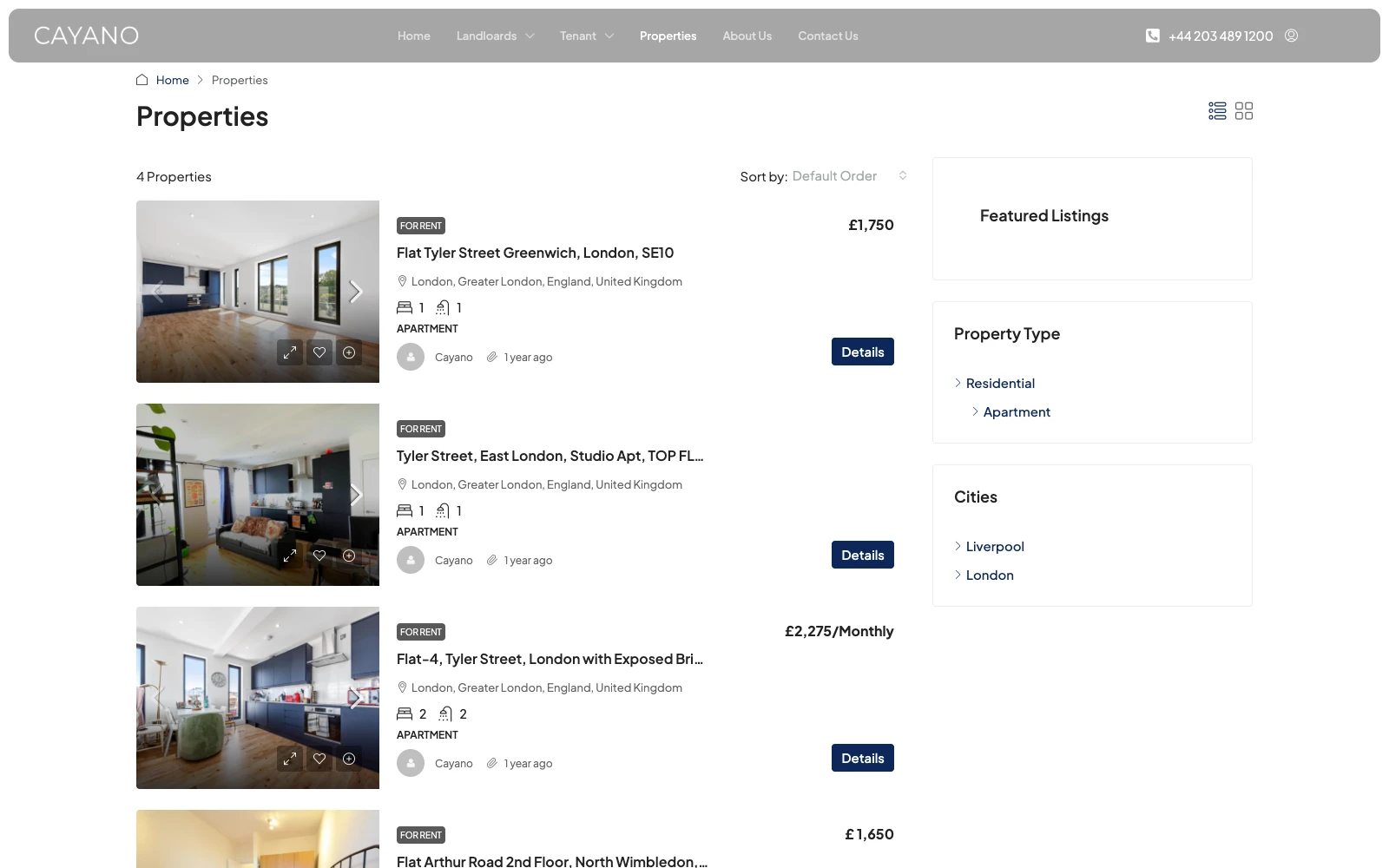 The Cayano Properties page: Properties
