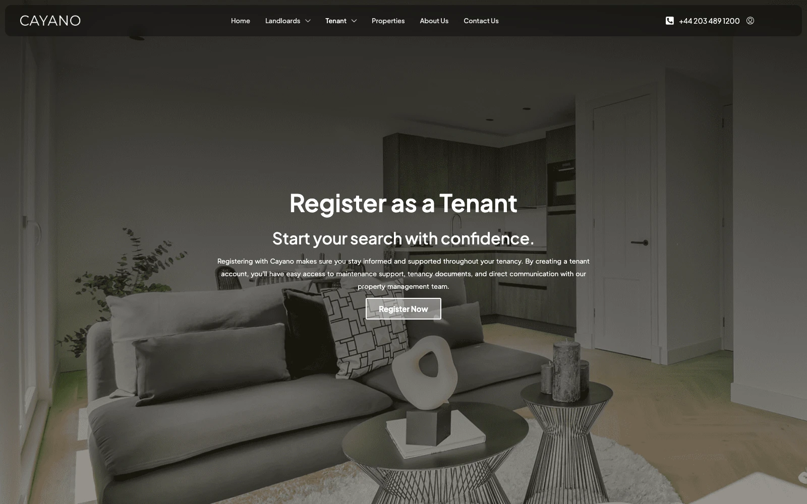 The Cayano Tenants page: Register as a Tenant