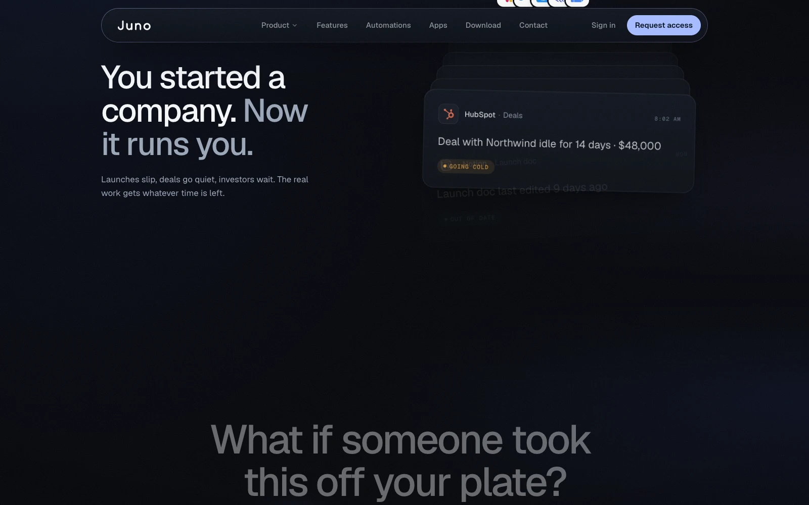 Stacked alert cards from Slack, Gmail, HubSpot and Linear beside the headline You started a company. Now it runs you.