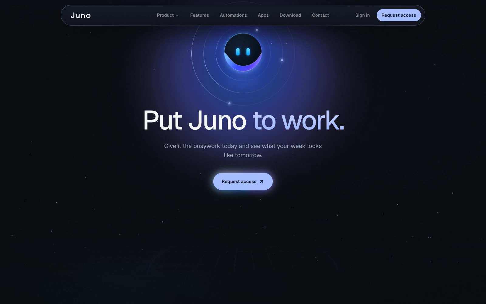 The closing section of the Juno homepage with the headline Put Juno to work and a Request access button.