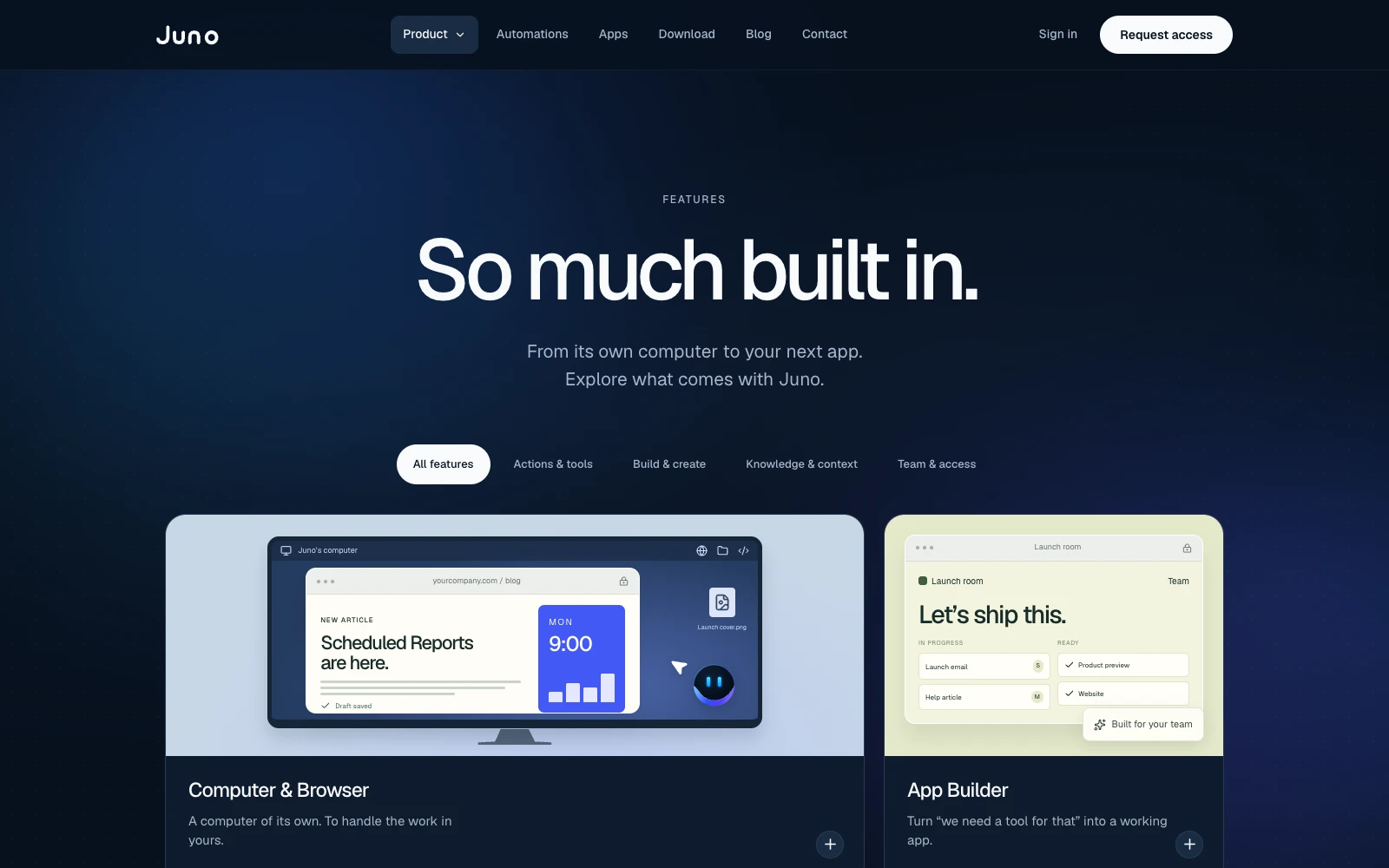 The previous runjuno.ai features page: So much built in. above a grid of feature cards.