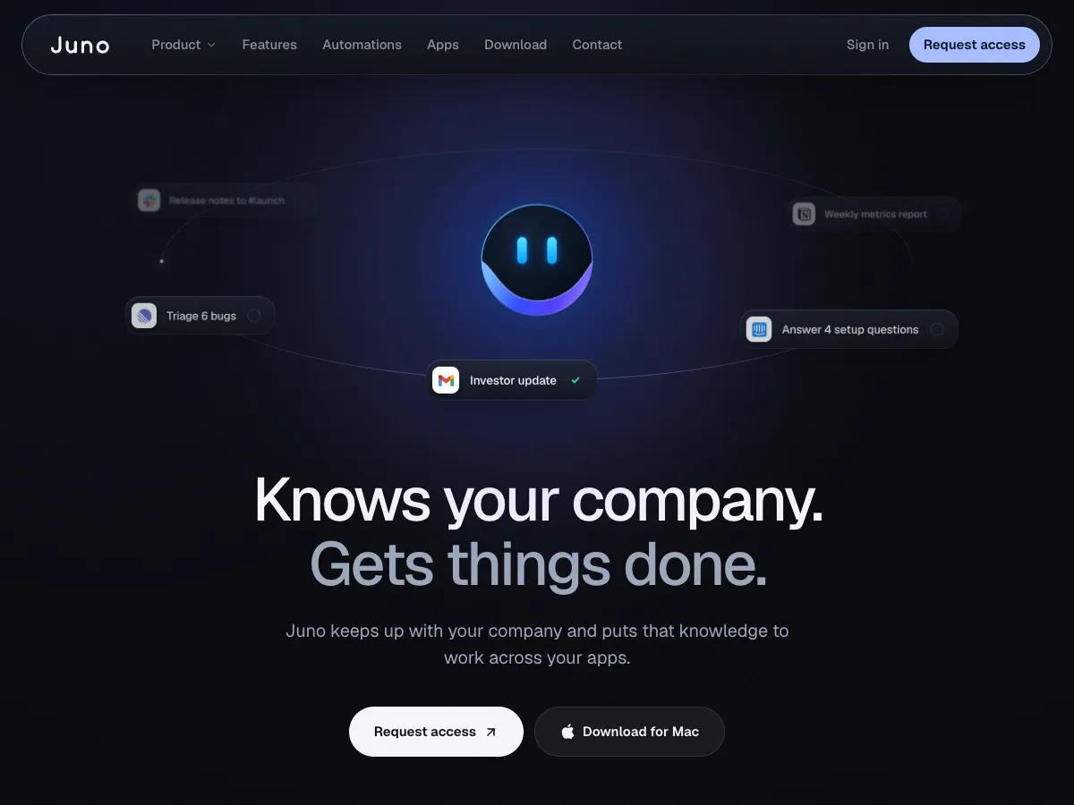 Juno homepage: a glowing mascot surrounded by tasks, above the headline Knows your company. Gets things done.
