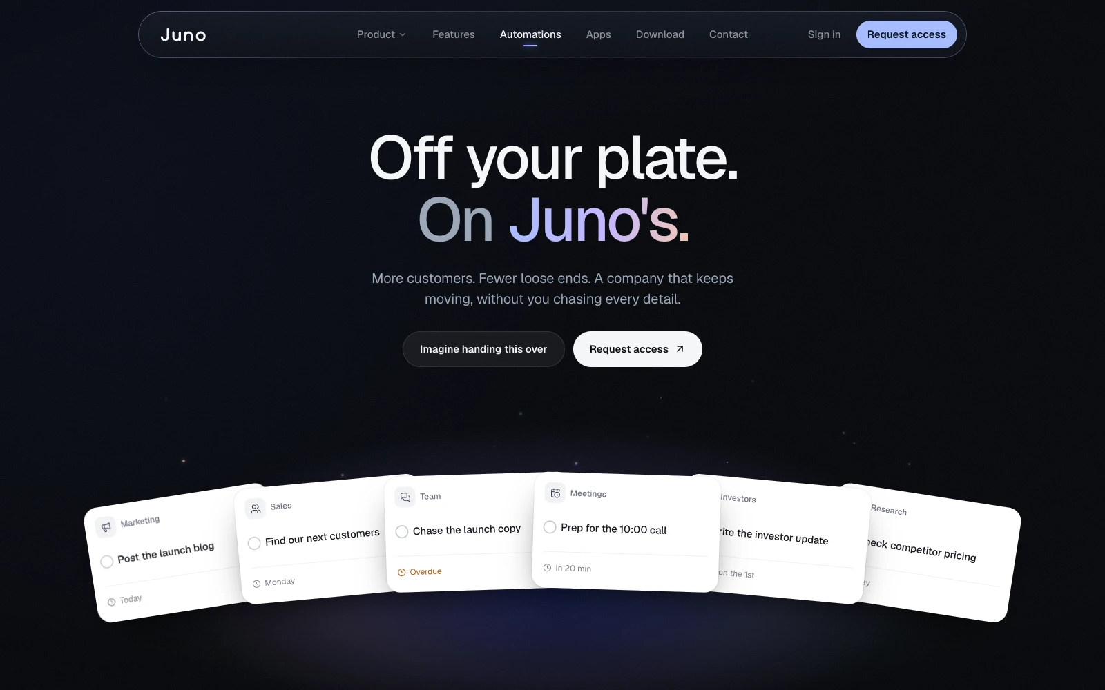 The Juno Automations page: Off your plate. On Juno’s.
