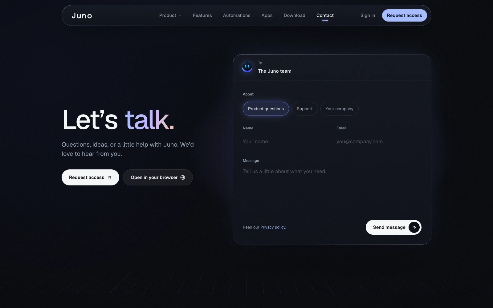 The Juno Contact page: Let’s talk.