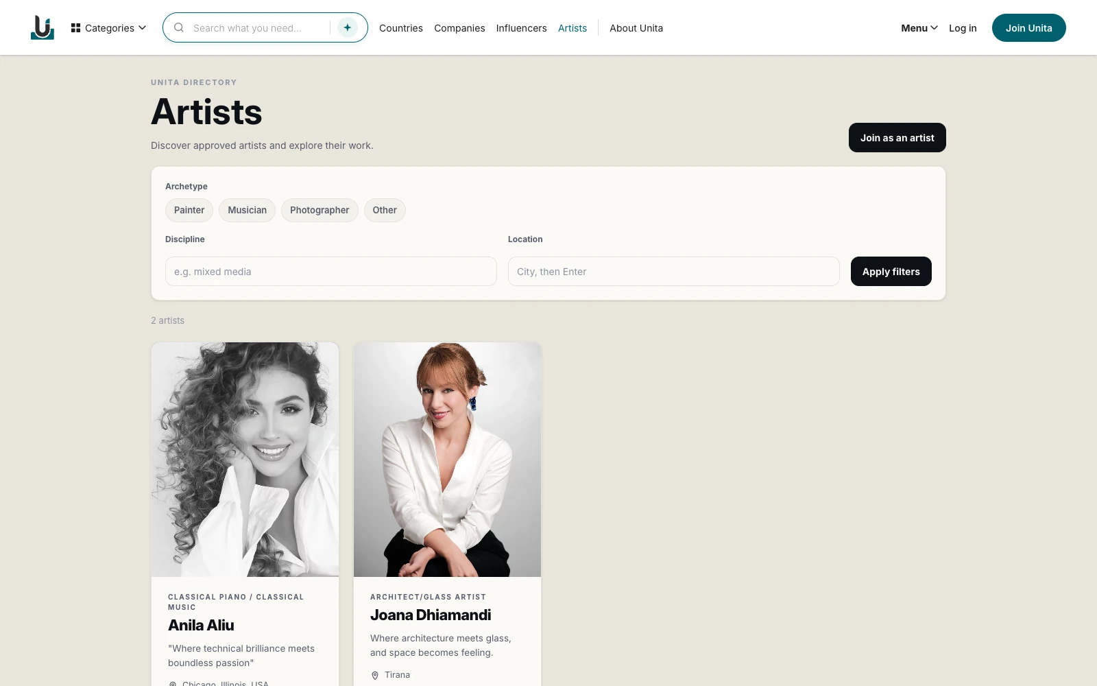 The Unita Artists page: Artists