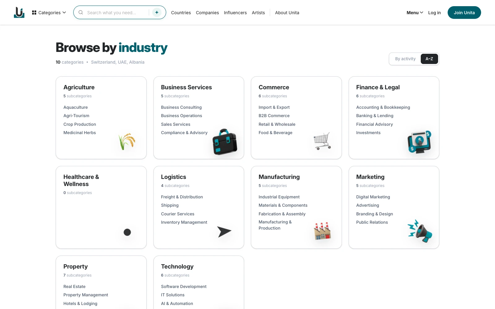 The Unita Categories page: Browse by industry